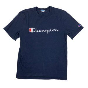 Champion Vintage 1990s Medium Tee Shirt Embroidery Script Logo Navy Blue Short S